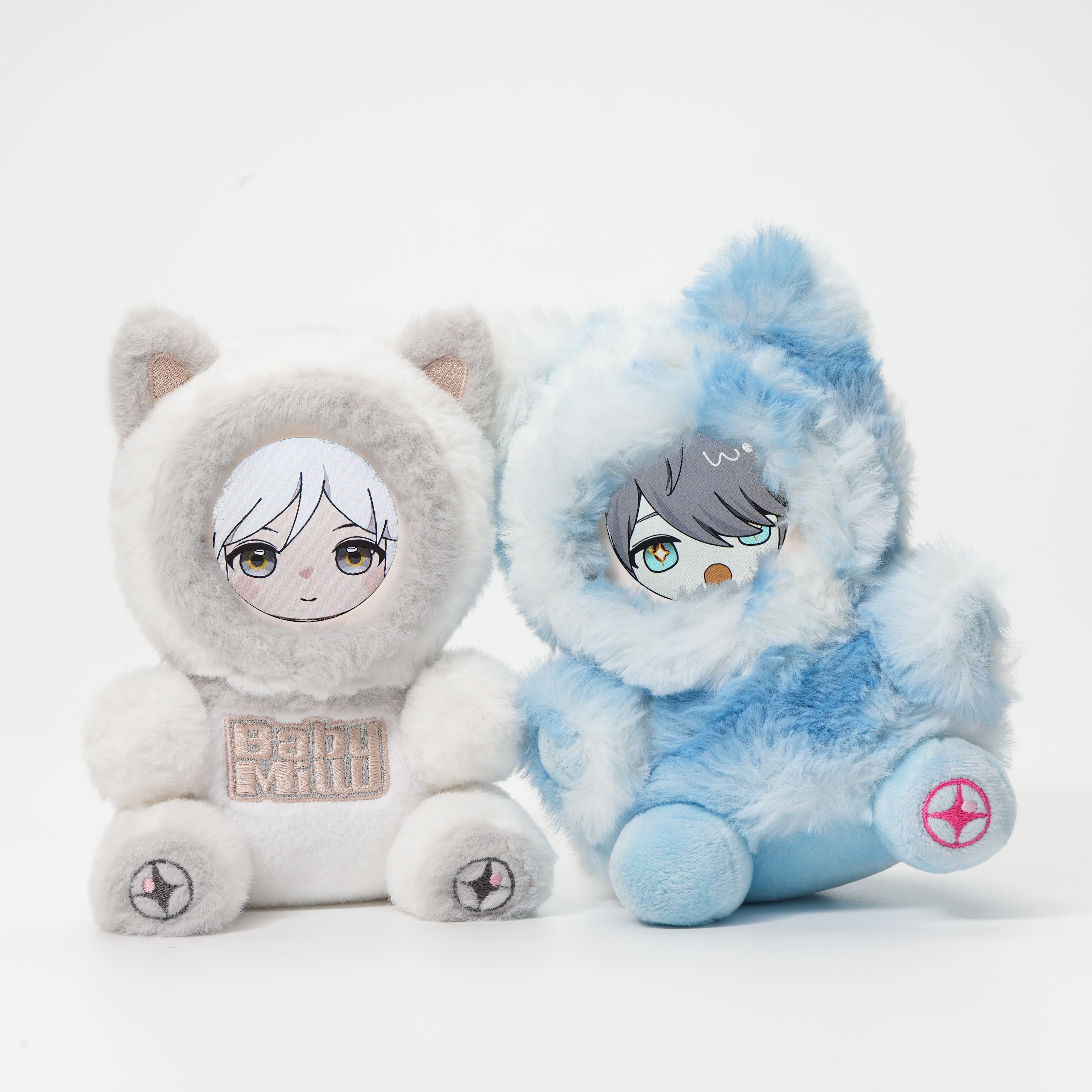 Two Milulu plushies - one white, one blue